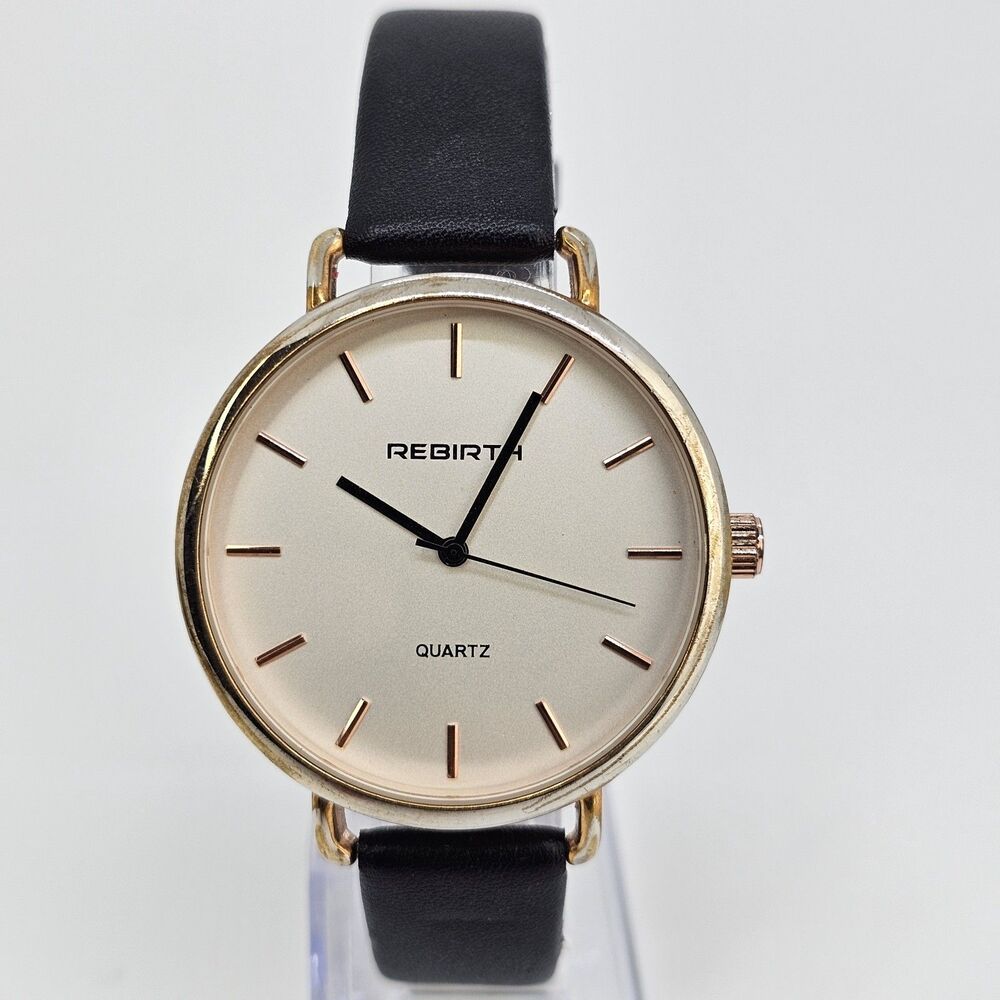 Rebirth Women's Watch 41MM Gold Dial Black Leather Bands New Battery